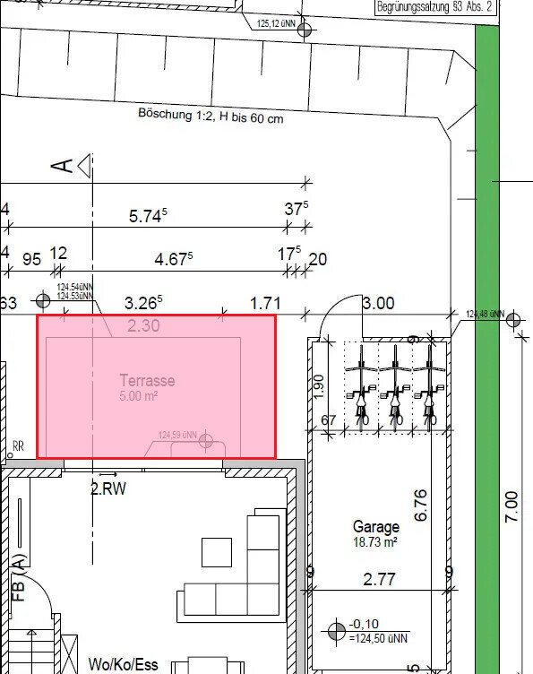 Grundrissplan mit rosa markierter Terrasse neben Garage und Wohnbereich