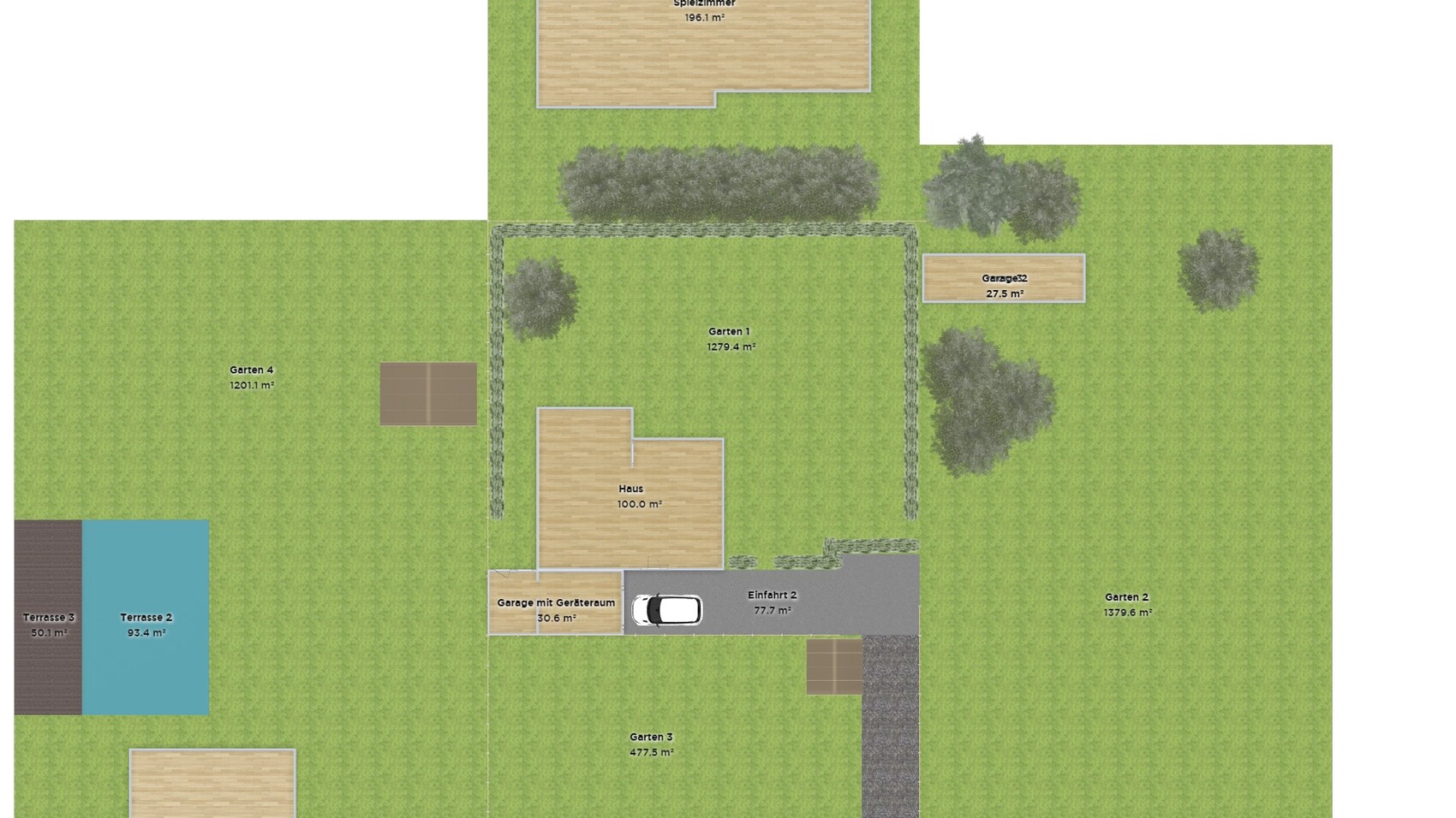 Luftbild eines Gartenplans mit Haus, Garage, Terrassen, Wegen und Bäumen.
