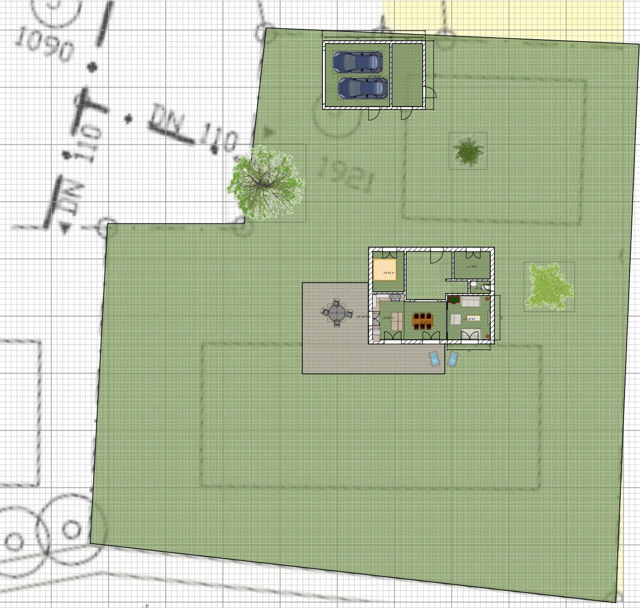 Grundstücksplan mit Haus, Garage, Terrasse und Garten im Überblick.