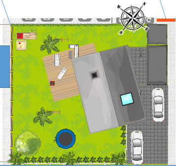 Lageplan eines Grundstücks mit Haus, Garten, Terrasse, Deck und Parkplätzen