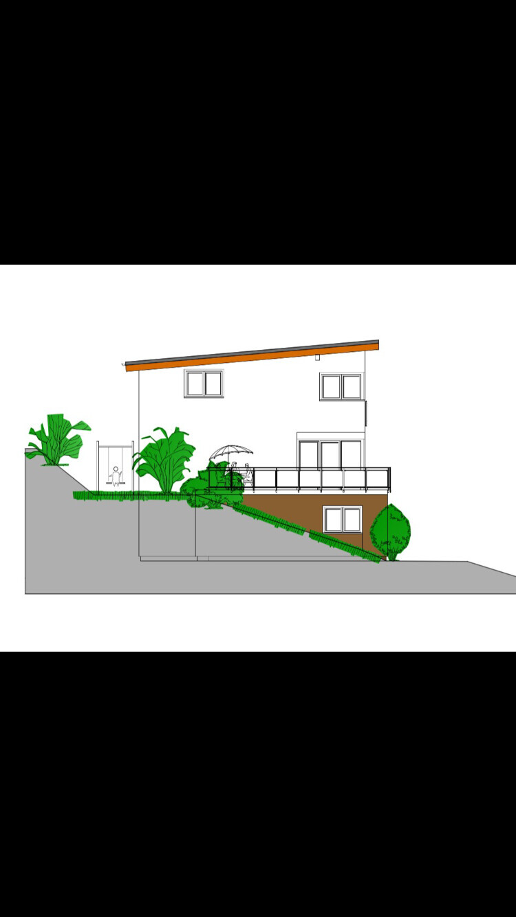 Moderne Haushanglage mit Terrasse, Balkon, Treppenstufen und grünem Garten.
