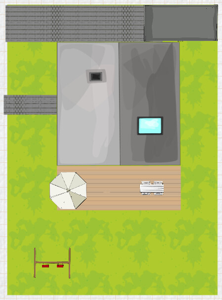 Gartenansicht mit Haus, grauen Dächern, Holzterrasse, Sonnenschirm und Spielbereich auf grünem Rasen.