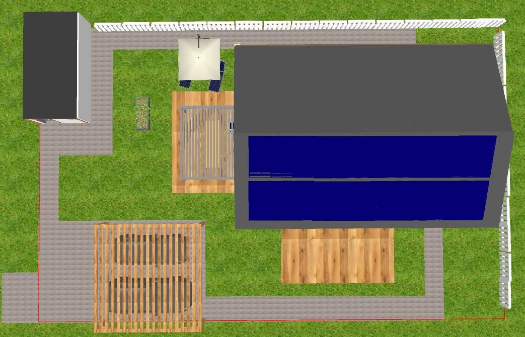 Vogelperspektive eines modernen Hauses mit grauem Dach, blauen Fenstern, Holzdeck und Gartenweg