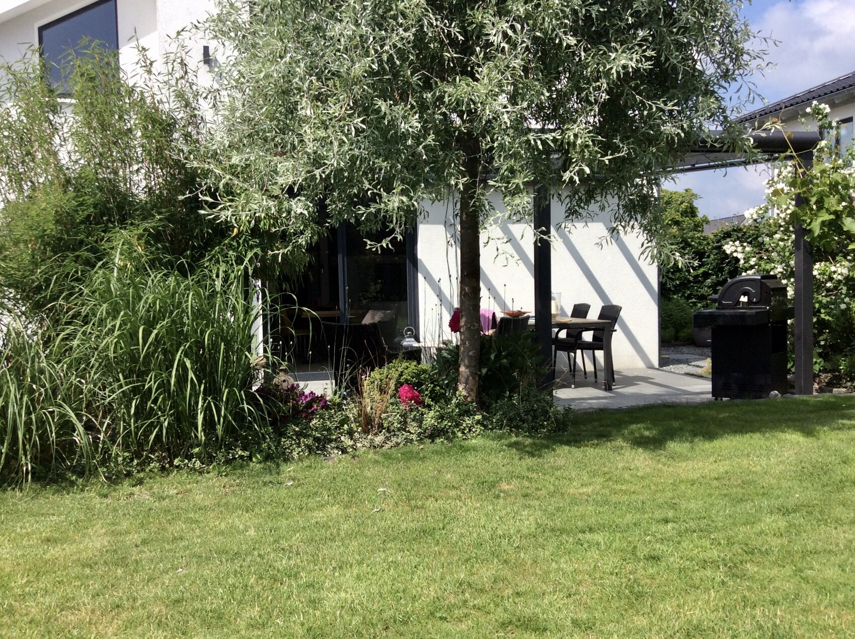 Gartenansicht: Baum über Terrasse mit Esstisch, Stühlen, Grill; grüner Rasen.