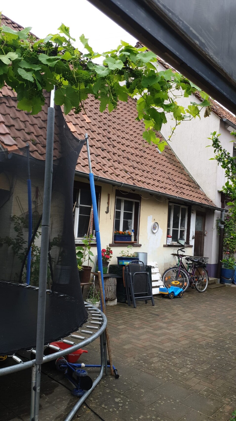 Großes Trampolin mit Netz im Hinterhof, daneben Spielzeug, Fahrräder und Topfpflanzen vor dem Haus.
