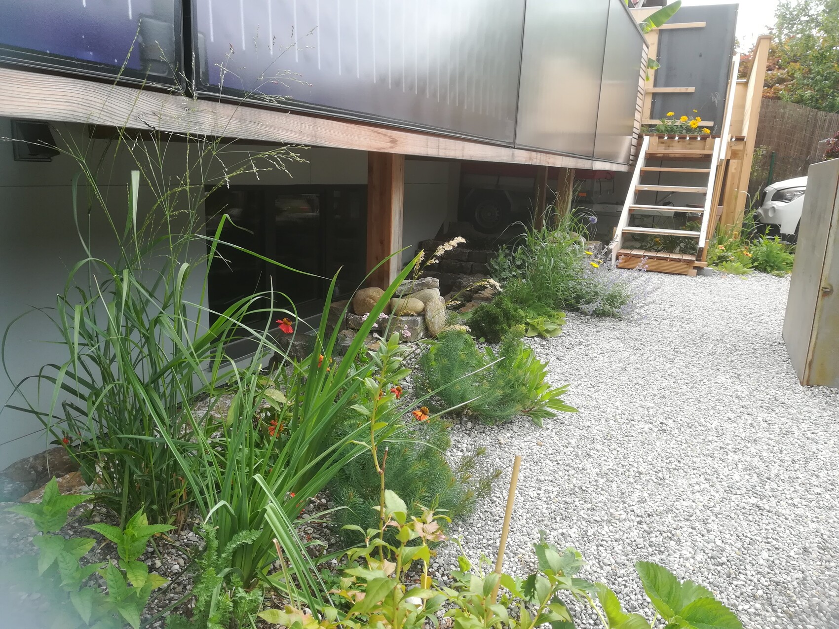 Gartenpfad mit Kies, Gräsern und Blumen unter einem erhöhten Holzdeck; Treppe zur Terrasse.