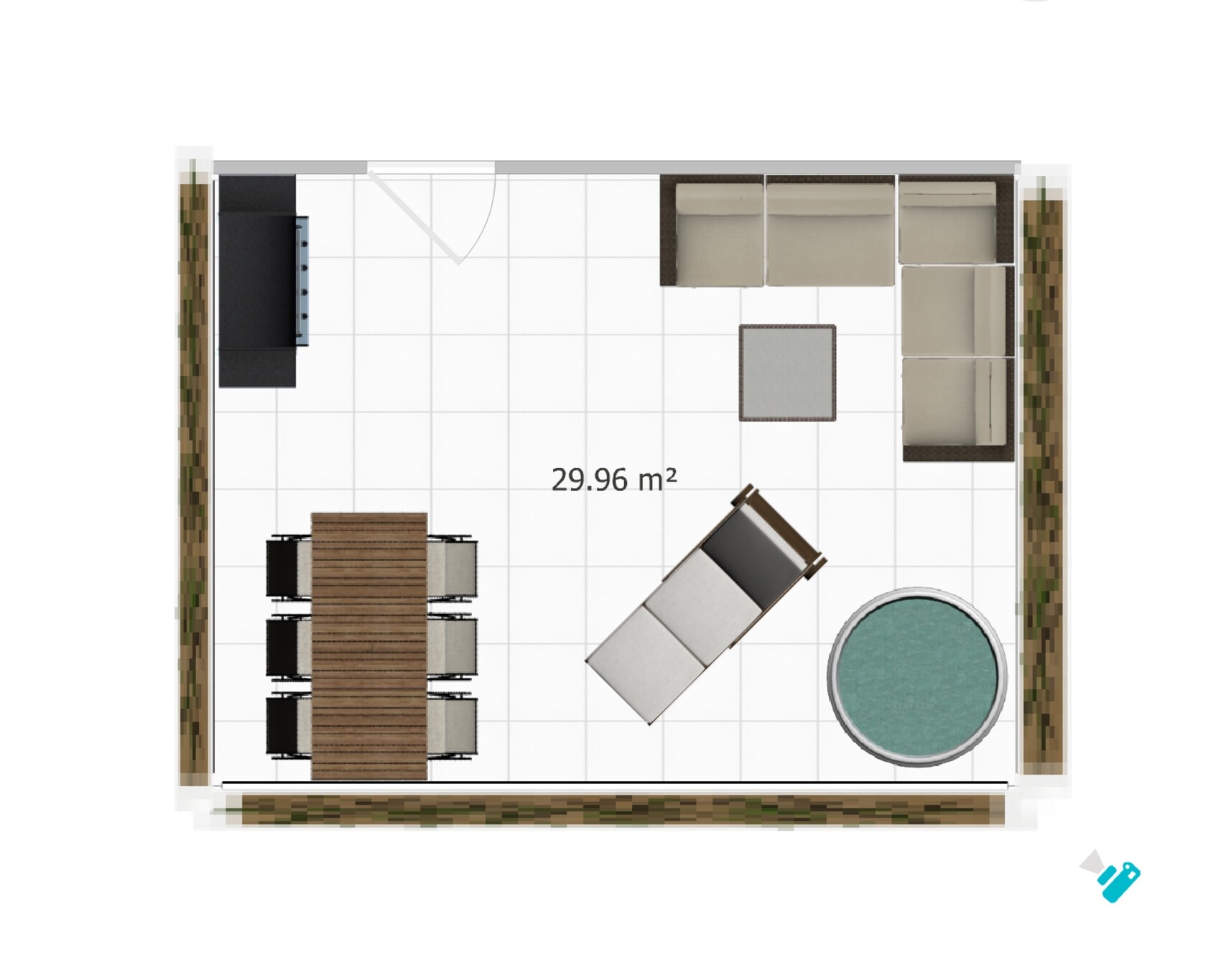 Terrassen-Grundriss: Esstisch mit Stühlen, Lounge-Sofa, Liege, runder Pool und Grill.