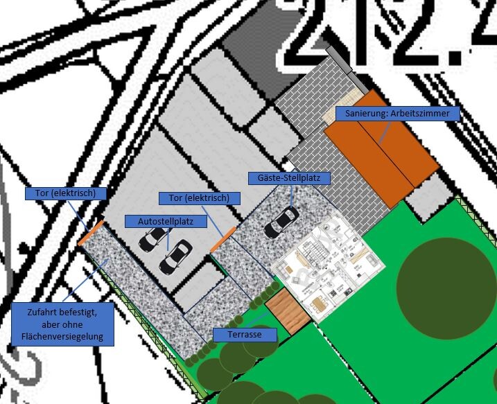 Grundriss eines Geländes mit elektrischen Toren, Autostellplätzen, Terrasse und Grünflächen.