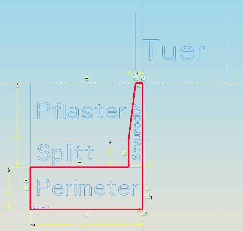 Roter Umriss markiert Türbereich; blaue Bezeichnungen 'Tuer', 'Pflaster', 'Split', 'Perimeter'.