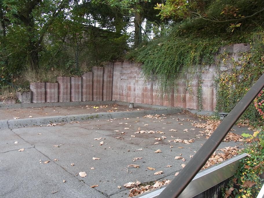 Gepflasterter Vorplatz neben einer Steinmauer mit Herbstlaub und Bewuchs