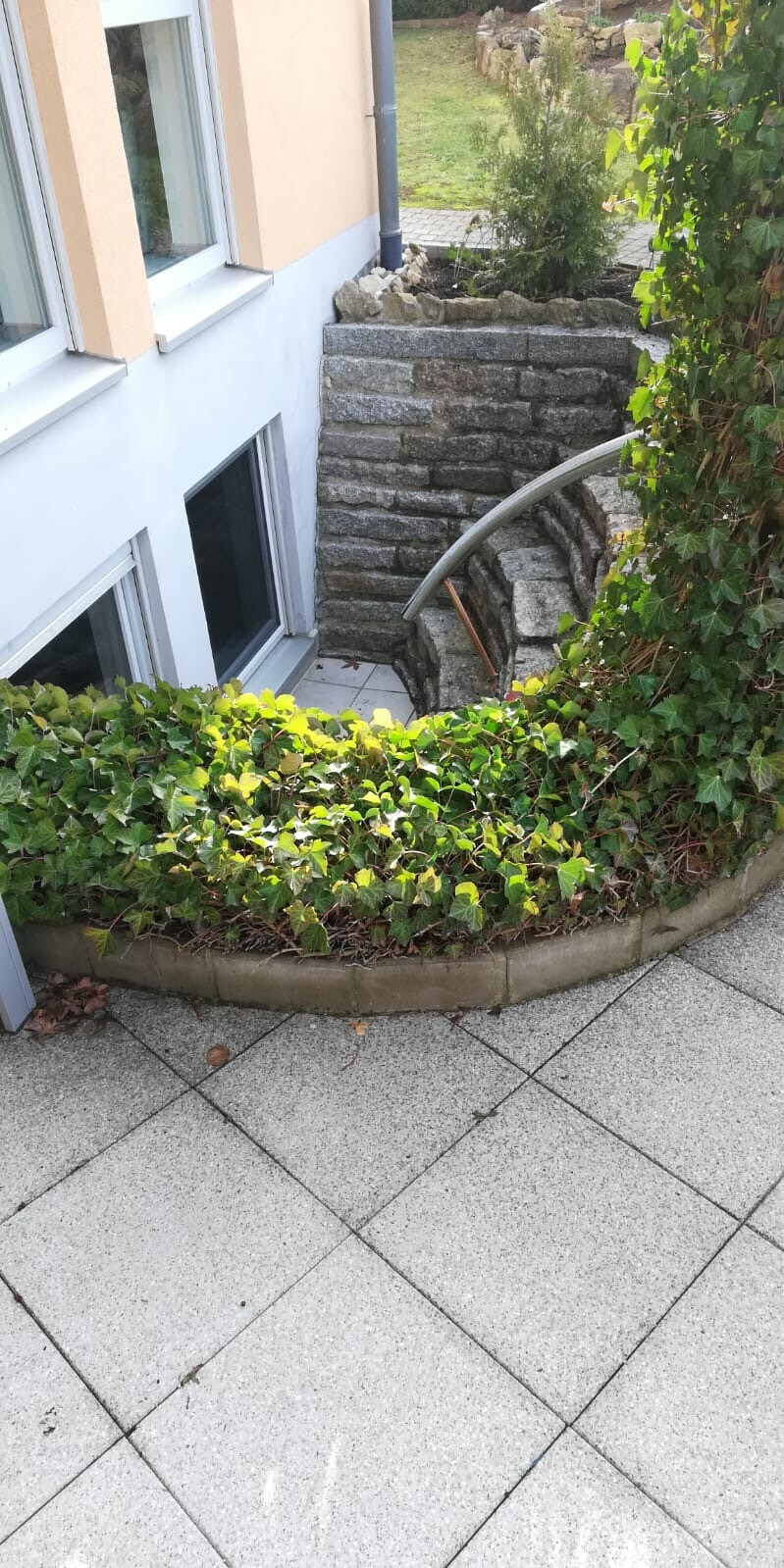 Steinstufen mit Metallhandlauf führen nach unten; grüne Kletterpflanzen säumen die Steinmauer.
