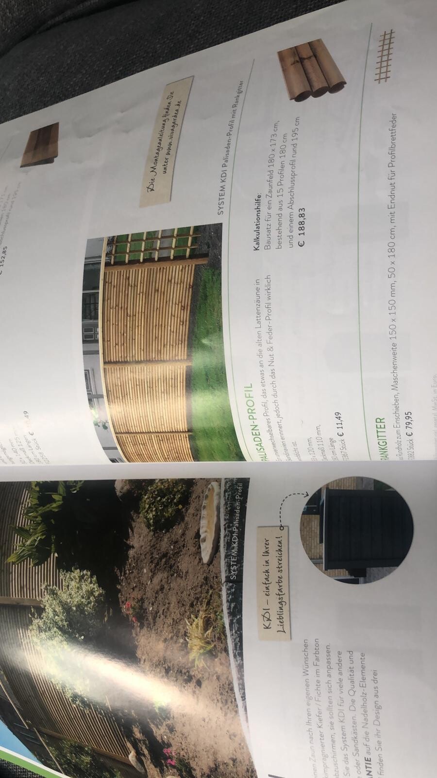 Katalogseite zeigt Holzzaun-Elemente und Gartenholzmaterialien