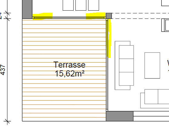 Grundriss einer Terrasse mit Holzdielen, Terrasse 15,62 m², angrenzender Wohnbereich.