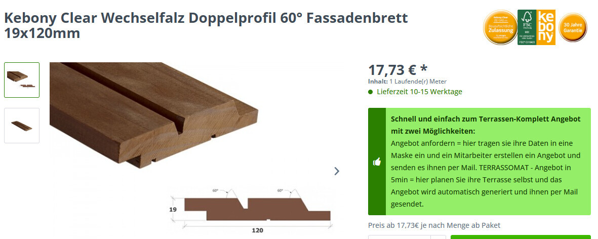 Kebony Clear Wechselfalz Terrassenbrett 19x120mm aus Holz
