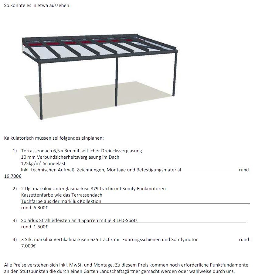 3D-Rendering einer Terrassenüberdachung mit Metallrahmen und transparenten Platten