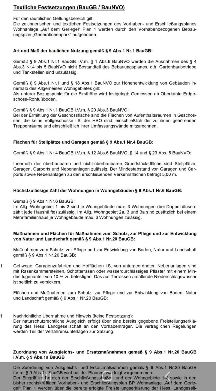Scan einer Seite Gesetzestext: Textliche Festsetzungen (BauGB/BauNVO) mit Abschnitten.