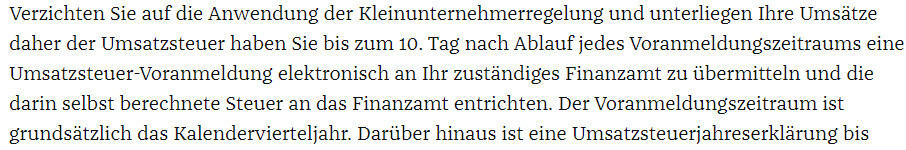 Bild zeigt Textabsatz zur Kleinunternehmerregelung und Umsatzsteuer-Voranmeldung