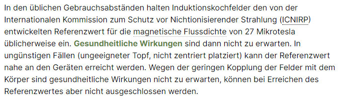 Text über Induktionskochfelder, ICNIRP-Referenzwert 27 ?T und Gesundheit.
