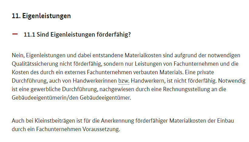 Screenshot: Abschnitt 11. Eigenleistungen und Förderfähigkeit.