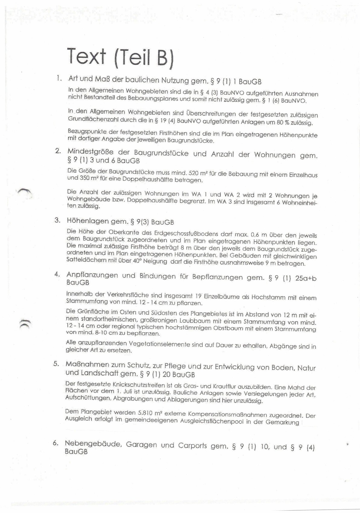 Scan einer Seite mit Text (Teil B) zu BauGB-Bestimmungen (Abschn. 1–6).