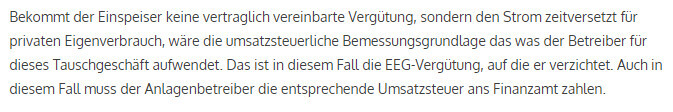 Textabschnitt erklärt EEG-Vergütung bei Privatverbrauch und Umsatzsteuerpflicht.