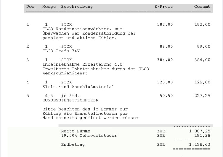 Rechnung mit Positionen: Kondensationswächter, Trafo 24V, Inbetriebnahme 4.0, Material.