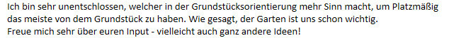 Screenshot eines deutschen Textblocks zur Grundstücksplanung und Entscheidungsfindung