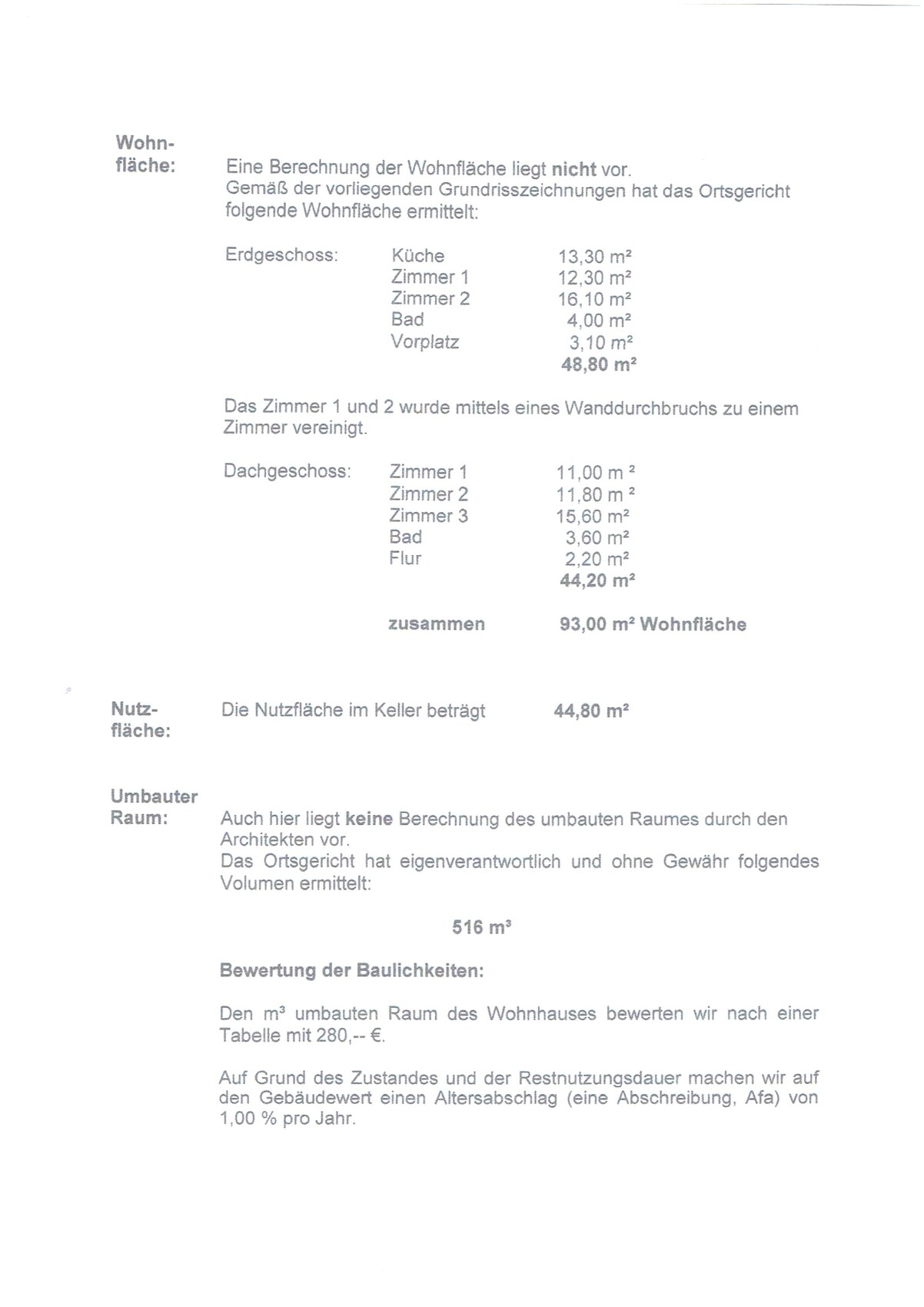 Baugutachten-Seite mit Auflistung von Wohnfläche, Nutzfläche und Raumbereichen (Erd- und Dachgeschoss).