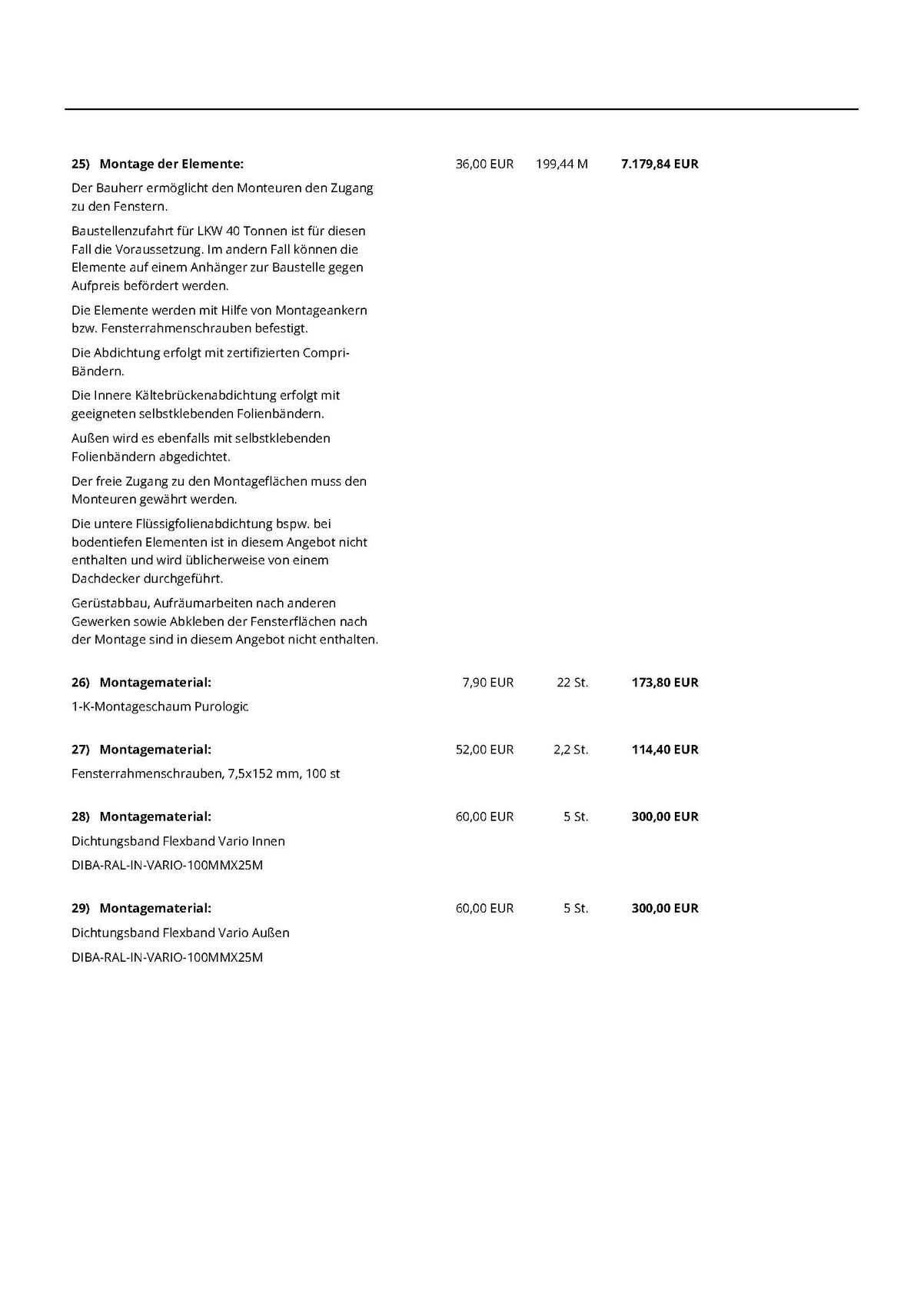 Dokumentenseite mit Montageanleitung, Materialliste und Kostenübersicht in Tabellenform.