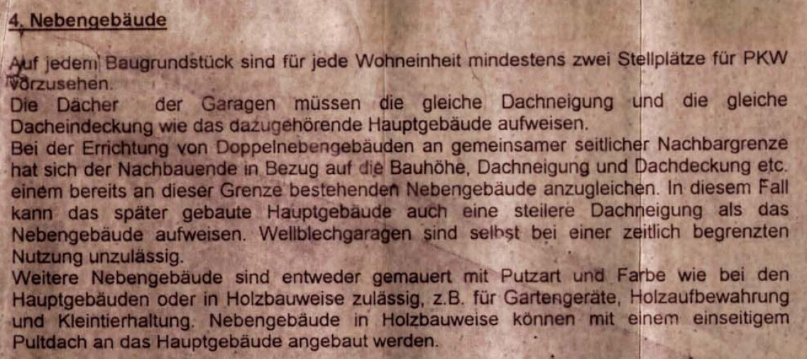 Dokumentenseite mit Text über Nebengebäude, Dachneigungen und Regeln.