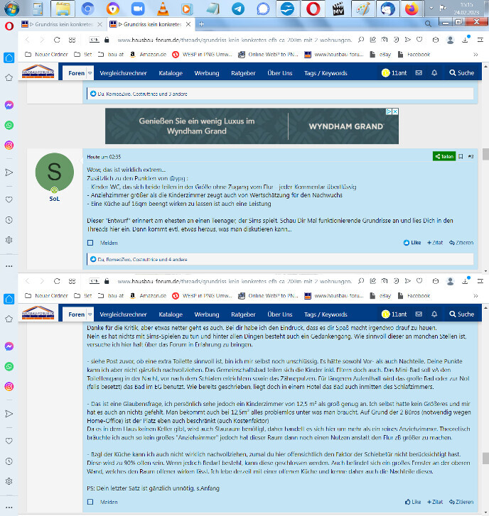 Screenshot mehrerer Browserfenster: Deutsches Hausbau-Forum mit Beiträgen, Avatars und Werbung.