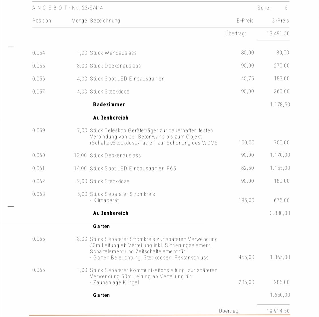 Preisangebot mit Positionen (Badezimmer, Außenbereich, Garten) und Gesamtsumme.