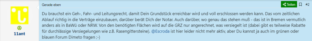 Gelbes Profilbild links neben einem blauen Forenbeitrag mit rechtlichen Hinweisen im Text.