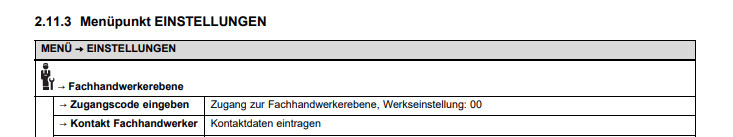 Einstellungsmenü: Fachhandwerkerebene – Zugangscode eingeben; Kontaktdaten eintragen.