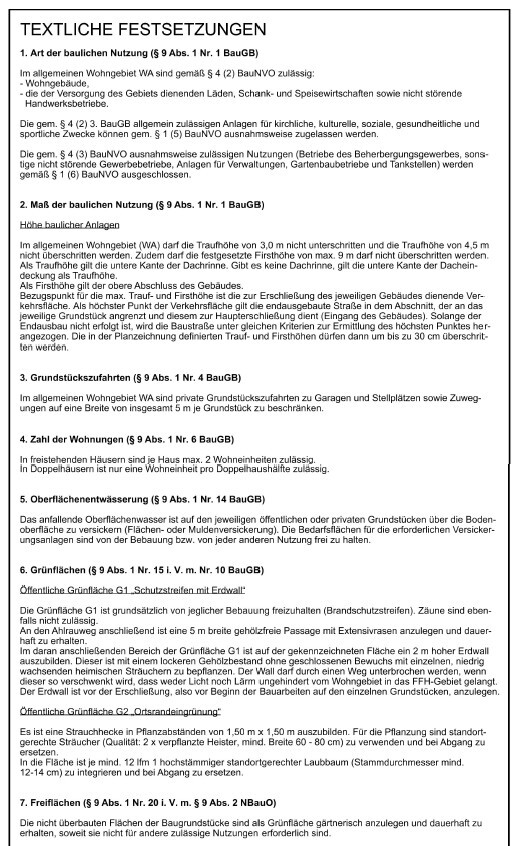 Dokument mit textlichen Festsetzungen zur baulichen Nutzung und Nutzungsauflagen