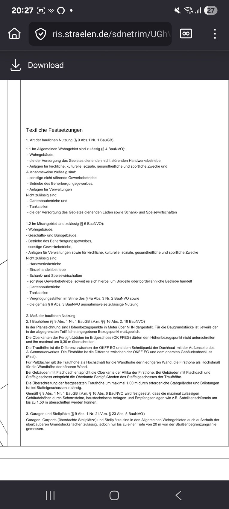 Dokument mit textlichen Festsetzungen zur Bauordnung und Planung