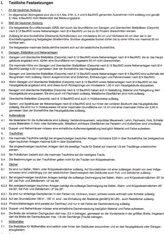 Seite mit textlichen Festsetzungen eines Bebauungsplans: Nutzungsart und Maß der baulichen Nutzung.