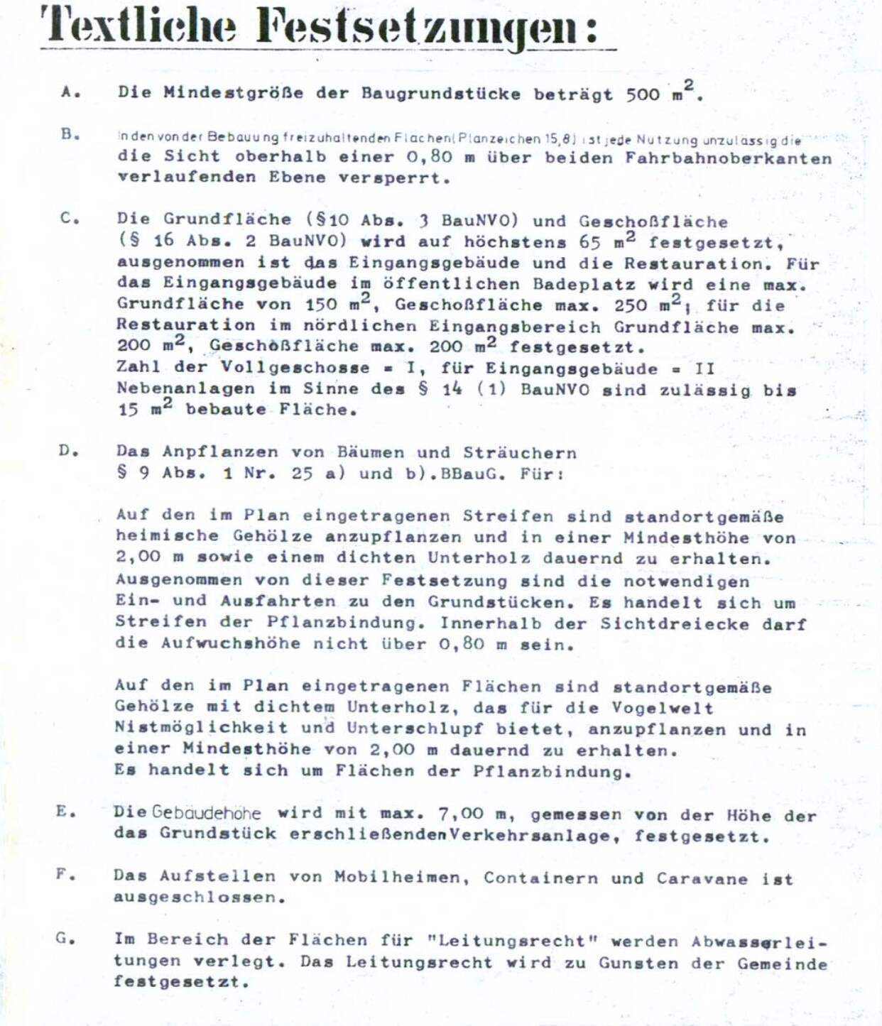 Scan eines Textdokuments mit bauplanungsrechtlichen Festsetzungen.