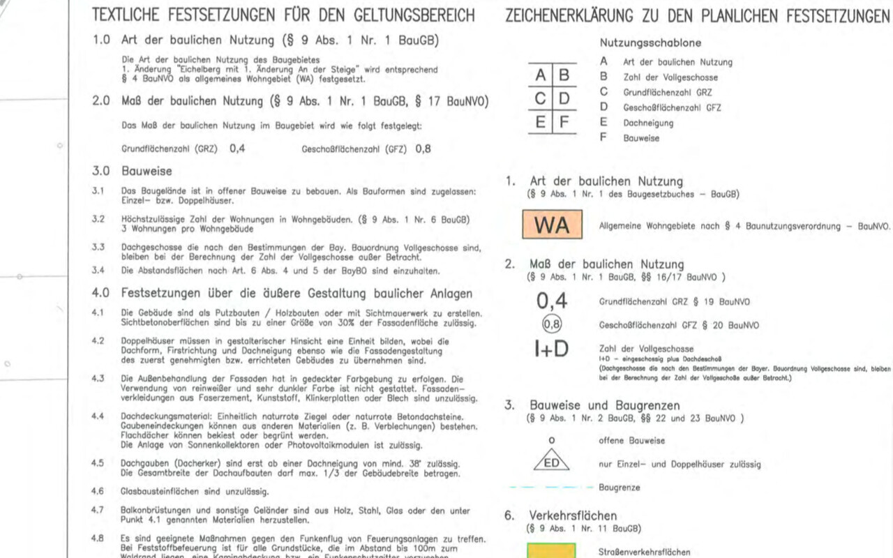 Seite eines deutschen Bauleitplans mit Text, Tabellen, Diagramm WA (orange) und Nutzungskennzahlen.