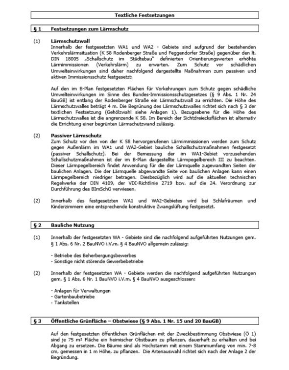 Textseite mit baurechtlichen Festsetzungen zu Lärm, Nutzung und Grünflächen