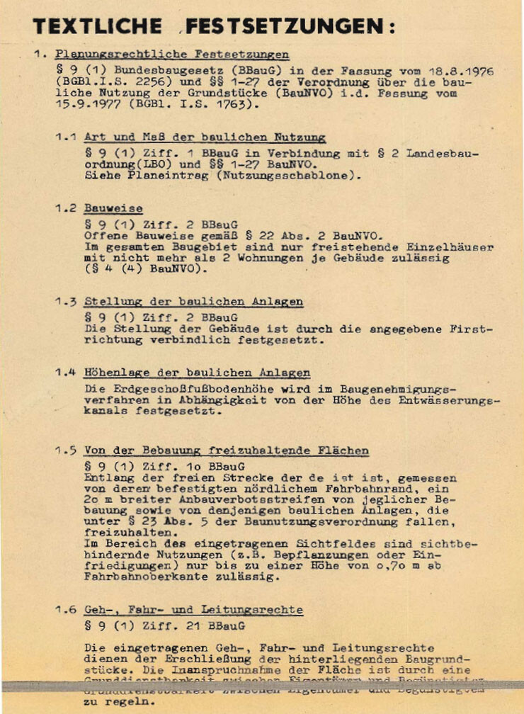 Dokumentenseite mit textlichen Festsetzungen im Bauplanungsrecht, Abschn. 1.1–1.6.