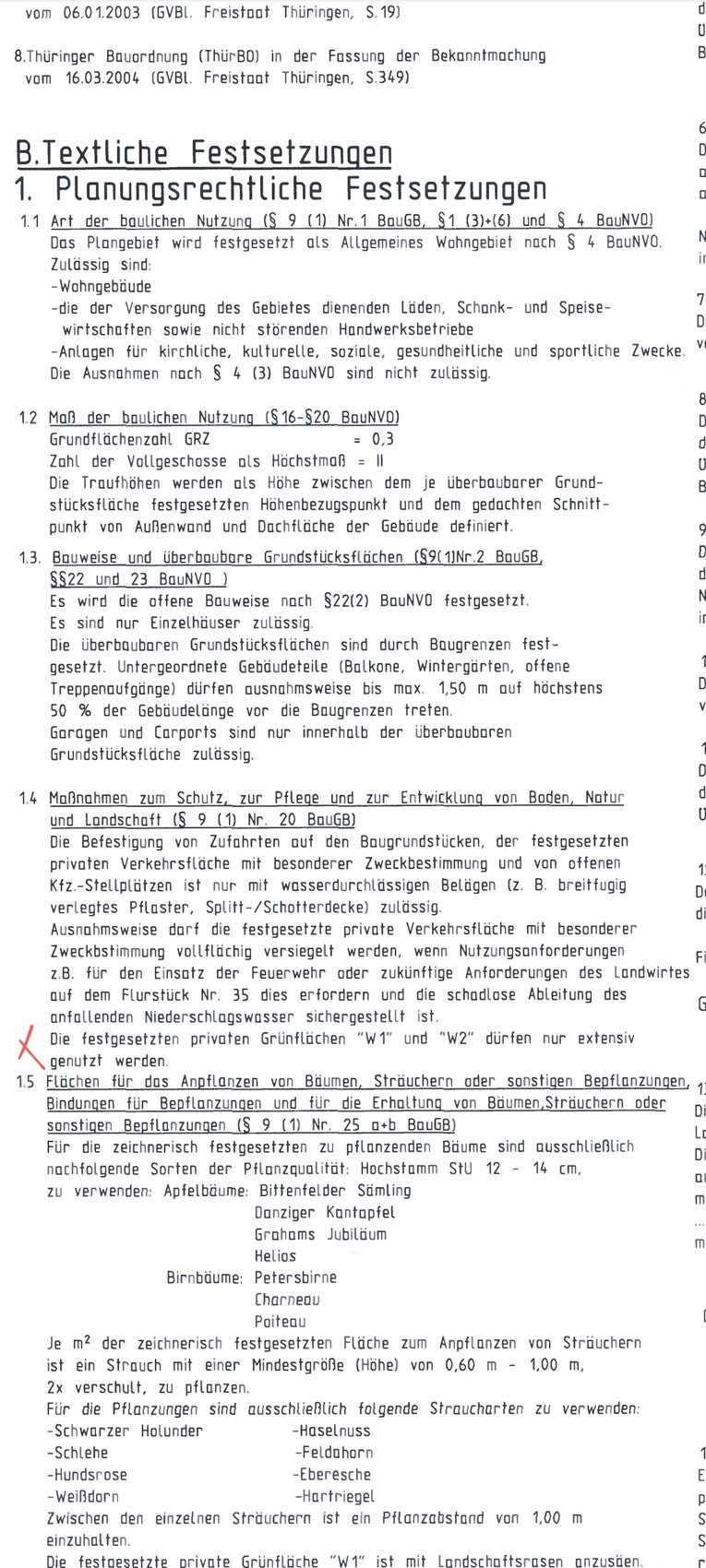 Seitenabschnitt eines Planungsdokuments mit planungsrechtlichen Festsetzungen zur Nutzung.