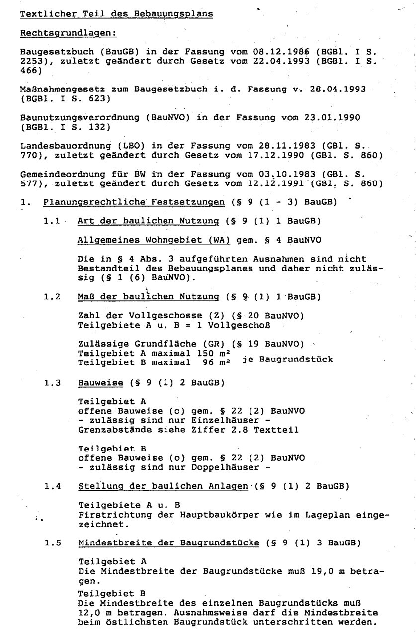 Sichtbares Textdokument mit Rechtsgrundlagen des Bebauungsplans und Planungsrecht