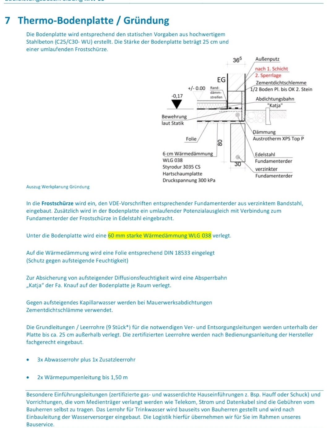 Konstruktionszeichnung einer Thermo-Bodenplatte mit Dämmung und Fundamenten.
