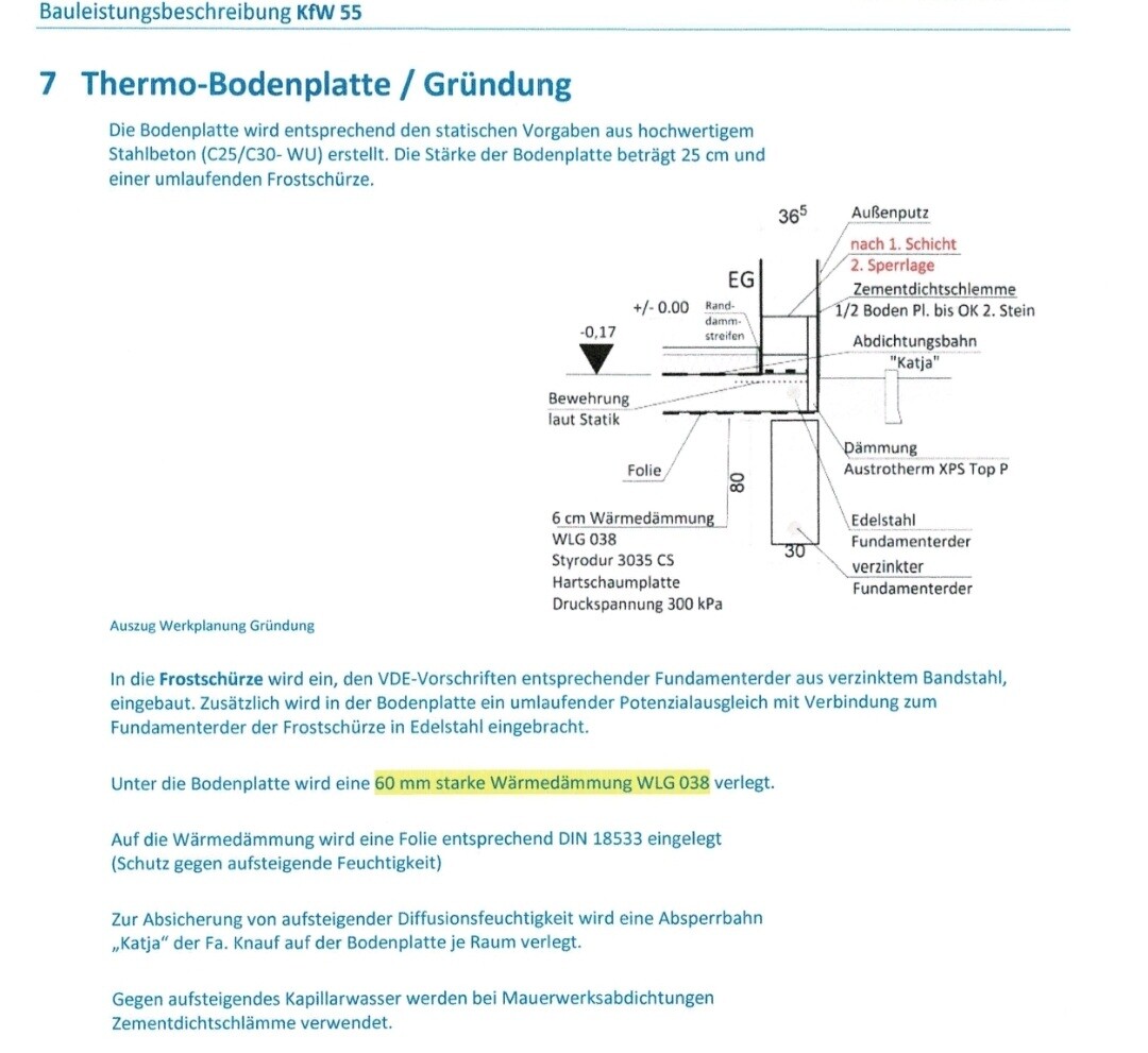 Querschnitt einer Thermo-Bodenplatte/Gründung mit 60 mm Dämmung, Folie und Fundamenten.