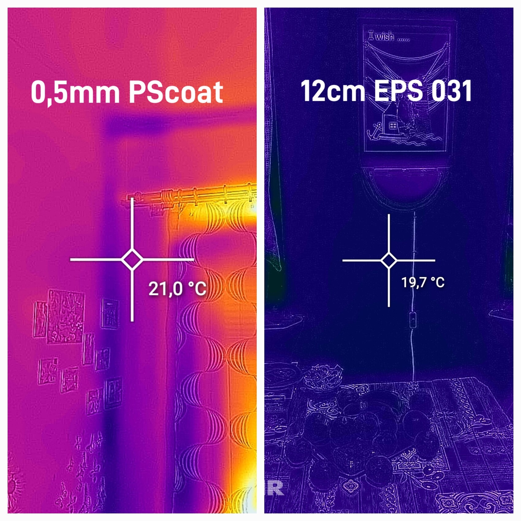 Thermografie-Doppelbild zeigt Wohnraum und Eingang mit Temperaturangaben 21,0°C und 19,7°C