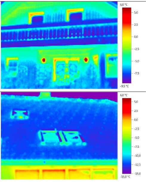 Thermografie-Aufnahmen eines Hauses zeigen Wärmeunterschiede an Fenstern und Fassaden.