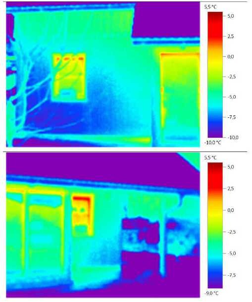Zwei Thermografieaufnahmen eines Innenraums zeigen Wärmeverteilung zur Dämmungsprüfung.