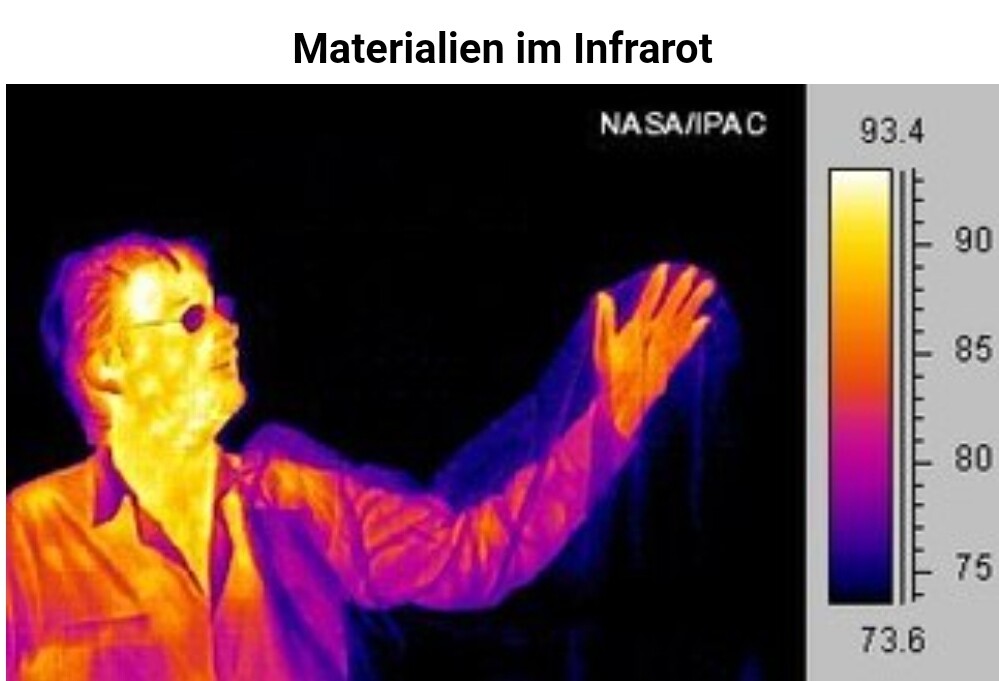 Thermografisches Bild eines Mannes mit erhobenem Arm; Farbleiste rechts zeigt Temperaturen.