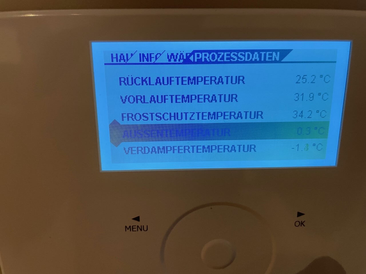 Display mit Heizungsprozessdaten: Rücklauf-, Vorlauf-, Frostschutz- und Verdampfertemperatur.